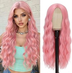 Pink Wig Long Pink Wavy Wigs