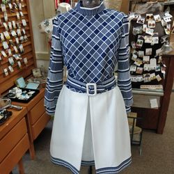 1960's Blue Pattern Poly Dress With Belt 