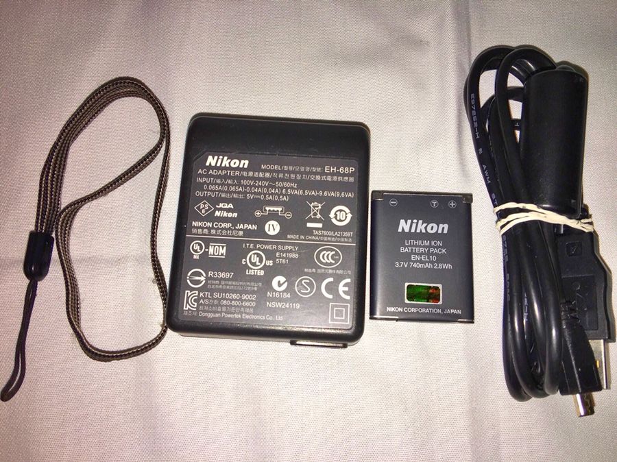 Nikon EH-68P AC Adapter Charger + EN-EL10 Lithon Ion Battery + Wrist Strap