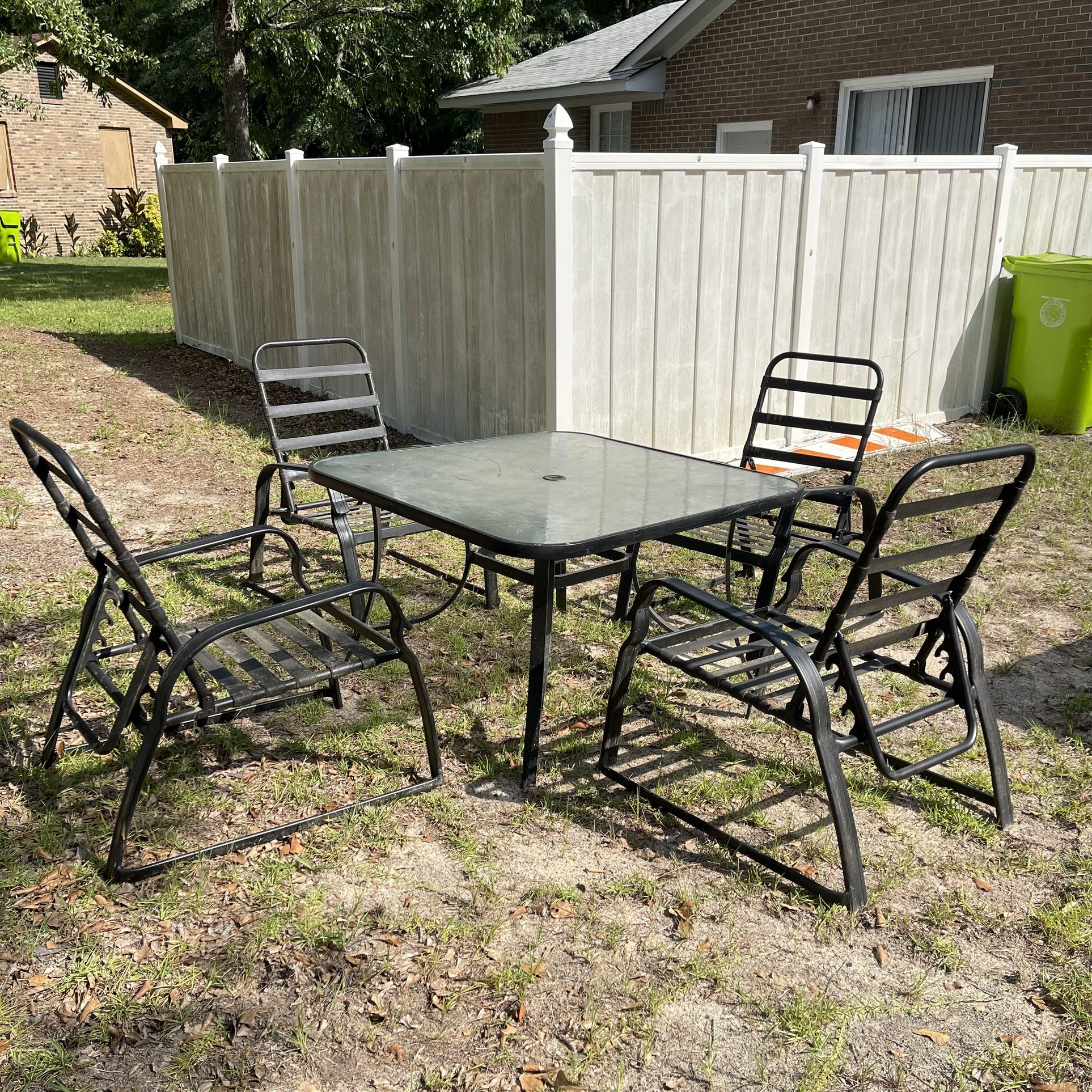 Outdoor Dining Set 5 Piece Glass Table w/ Umbrella Slot , 4 Adjustable Reclining Chairs