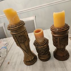 3 Wooden Candle Holders With Candles 35 For All 3