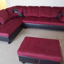 New Sectional With Storage Ottoman On Red Microfiber 