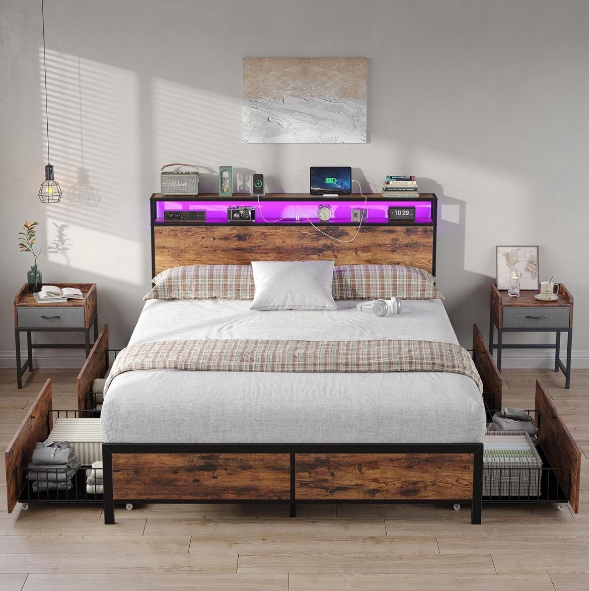 Wooden Rustic Bed Frames With Drawers 