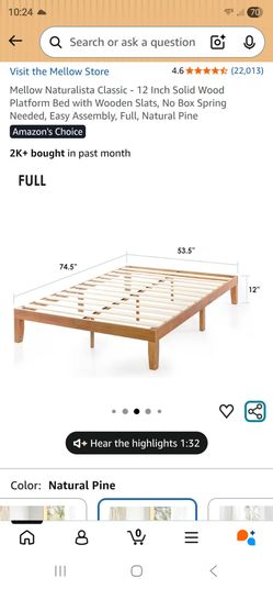 Lightly used Full size bedframe, Brand: Mellow, Color: Natural pine
