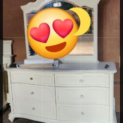 White 6 Drawers Dresser Whit Mirror (Solid Wood)