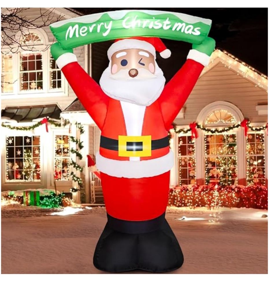 Brandnew 6FT Christmas Inflatable Black Santa Claus Holding Banner Outdoor Decoration,Build-in LED Lights Christmas Blow Up Santa