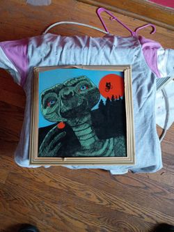 80s ET Movie Glass Painted Picture, Carnival Prize 12.5 Sq