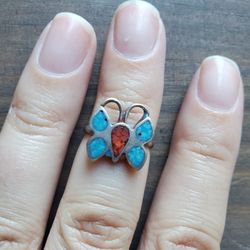 Sterling Silver Turquoise And Coral Butterfly Ring