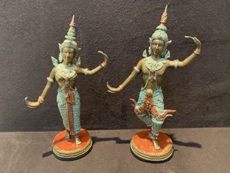 RARE Pair of Ornate Painted BRONZE Siam Dancing SCULPTURES / from Siam / Thailand