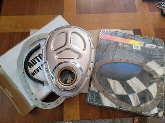 Small block Chevy chromed aluminum timing cover and gaskets