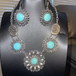 BRAND NEW - Costume Jewelry - Turquoise/Silver Necklace & Earrings Set - Med Length