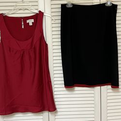 Ann Taylor LOFT 2 Piece Set Red Sleeveless Blouse and Black Skirt - Size 8 - EUC