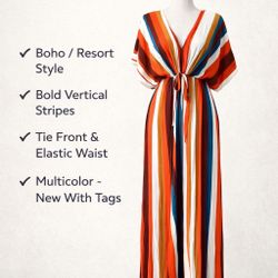 Elan Maxi Dress Medium Boho Striped V-Neck Tie Front Multicolor NWT