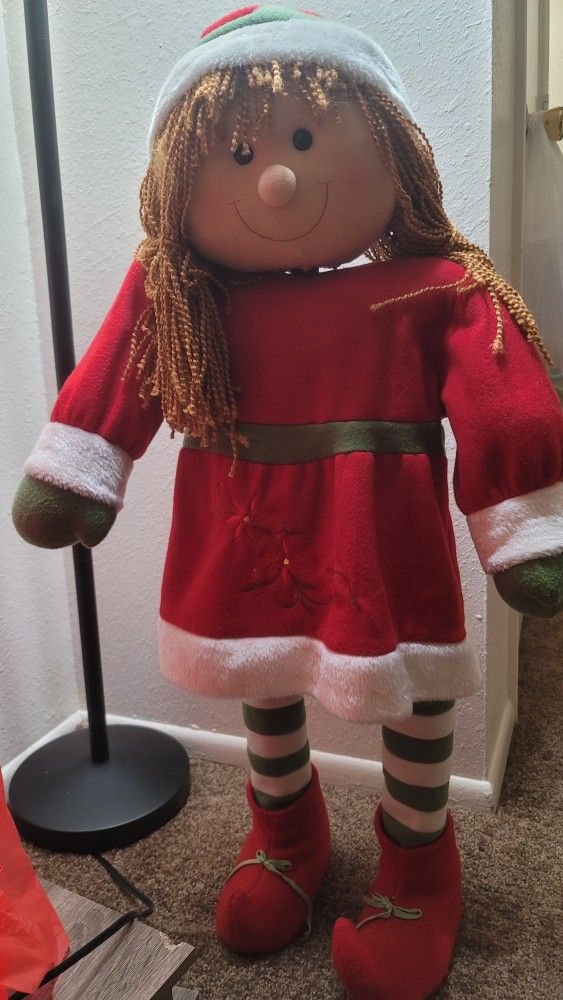 Vintage Christmas free standing girl doll 37.5" with movable arms