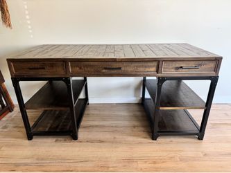 Large Rustic Industrial Wood & Metal Executive Desk – Excellent Condition