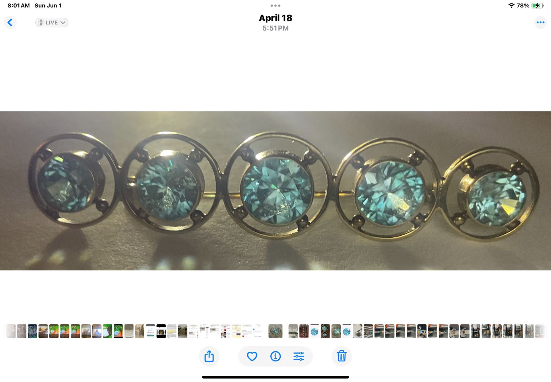 14kg 5 Blue Zircon Gemstone Bar Brooch Antique
