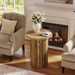 Small End Table, Round Wooden Couch Side Table with Pedestal Base Color, Light Rustic Brown
