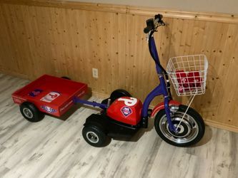 GOPED electric SEGWAY 48 VOLT, 2 SPEED WITH MATCHING WAGON AND REMOVABLE SEAT IN CUSTOM PHILLIES PAINT SCHEME