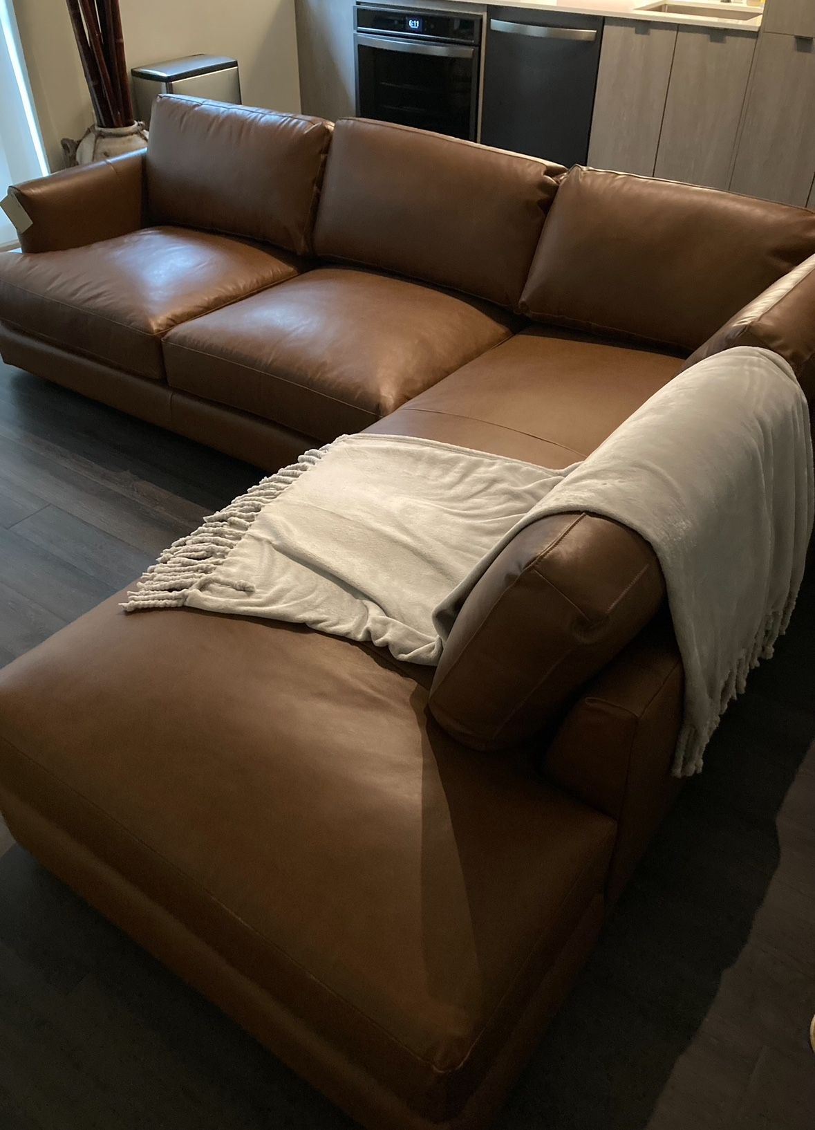 West Elm Haven 108" Multi Seat 2-Piece Bumper Chaise Sectional, Standard Depth, Saddle Leather (Nut)