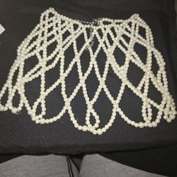 VTG Faux Pearl Beaded Ceremonial Formal Collar Bib Necklace Bridal Lace Wedding