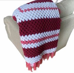 Vintage Granny Square Red Pink White Blanket Afghan Crochet Throw Handmade Retro
