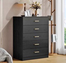 Dresser for Bedroom with 5 Drawers, Wooden Chest of Drawers, Storage Organizer Unit Dressers for Bedroom, Living Room, Hallway, Nursery (Black, 5 Draw