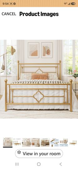 Gold Queen Size Metal Platform Bed Frame with Victorian Vintage Headboard and Footboard