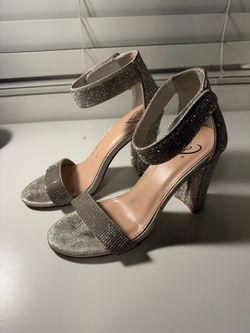 Windsor Silver Rhinestone Ankle Strap Block Heels