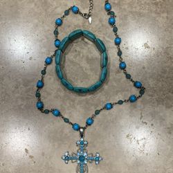 💎 Turquoise Beaded Cross Necklace – 14 ½” 💎 & Turquoise Beaded Bracelet 