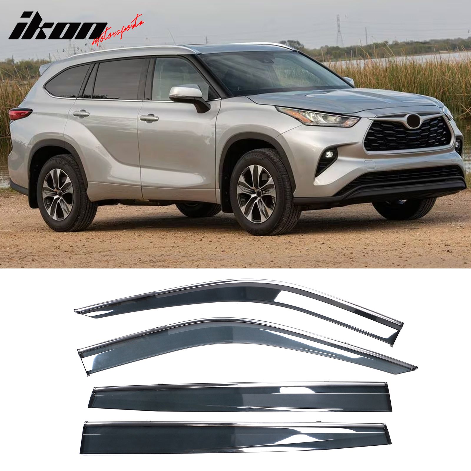 Fits 2020-2024 Toyota Highlander Slim PC Injection Window Visors w/ Chrome Trim 4PCS