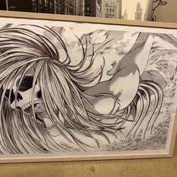 The image is a framed drawing of Ymir Fritz, the first Titan, from the manga anime series Attack on titan