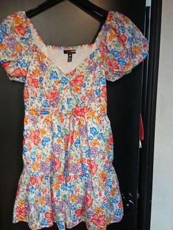 Aqua Floral Mini Dress with Puff Sleeves