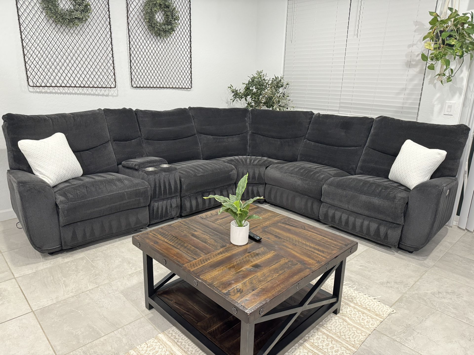 Power Reclining Dark Grey Living Spaces Sectional Couch
