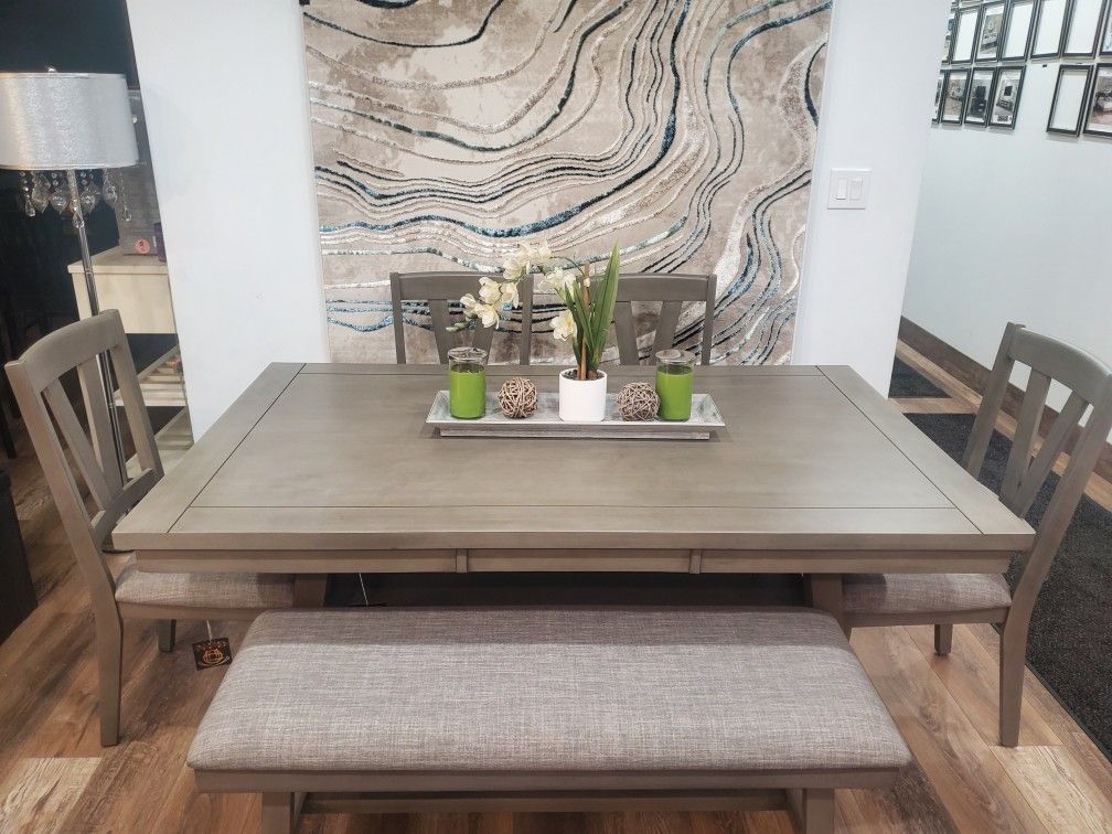 Beautiful 6 Pc Gray Dining Set With Bench (New)