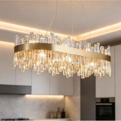 Siljoy 35.4'' Rectangular Brushed Gold Crystal Chandelier for Dining Room Luxury 2-Tiers K9 Crystal Raindrop Chandelier, 16-Light Modern Oval Crystal