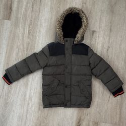 Cozy Puffer, Boy Size 4T, Olive Green Long Sleeve Hoodie Quilted Puffer Jacket