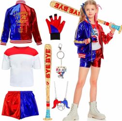 Children's Quinn costume: a casual clown villain or anti-hero outfit; includes jacket, t-shirt, short, glove, keychain, and ne cklace. Ideal for Hallo