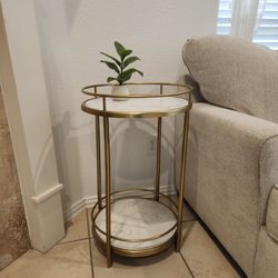 2-Tier White Marble and Gold Metal Side Table/Bar Cart