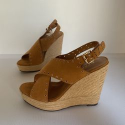 Report Wedge Sandals  Caden Espadrille Studded Tan Platform Peep Toe Boxed Sz 7