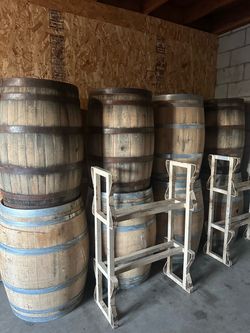 16 Authentic Oak Wine Barrels + 2 Steel Barrel Racks | Wedding, Event, Winery, Rustic Décor