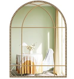 Wiserset Arched Gold Antique Mirror, 28" X 40" Arch Windowpane Mirrors With Beaded Metal Frame, Vintage Gold Arch Mirror, Decorative Wall Mirror For L
