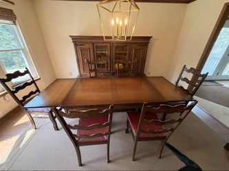 1960s German Oak Dining Table + 6 Chairs - Antique