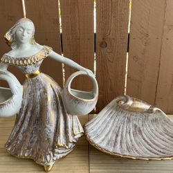 Vintage Ceramic Royal Haeger Gold Tweed Gypsy Girl double basket planter And seashell-shaped dish