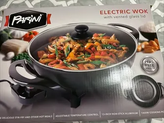 Perini Electric Wok w/ Vented Glass Lid, Adj temp control, 13-Inch, 4.5L