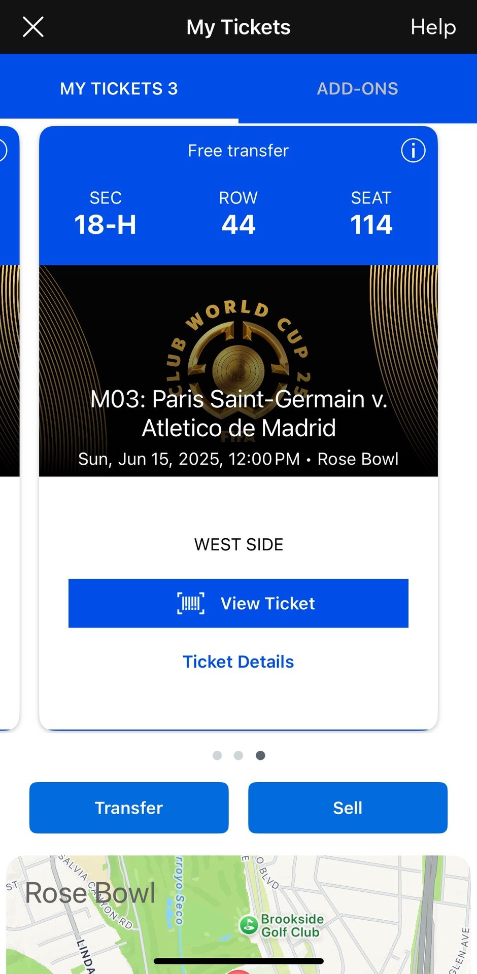 PSG vs Atletico - Soccer Match 3 June 15, 2025 Section 18-H Row 44. Three Tickets. Rose Bowl Pasadena, CA