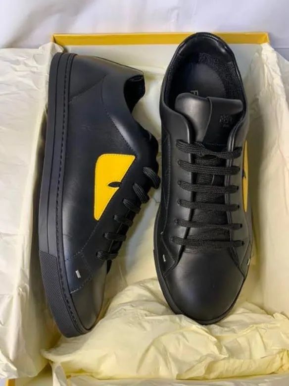 FENDI Men's Black and Yellow Leather Lace-Up Sneakers Size 9