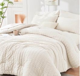 Ivory Full Size Comforter Sets Seersucker 7 Pieces, All Season Luxury Bed in a Bag for Bedroom, Bedd