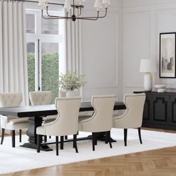 7 piece FARMHOUSE MODERN DINING TABLE SET BEIGE PFABRIC ANTIQUE BLACK FINISH DOUBLE PEDESTAL BASE COMEDOR