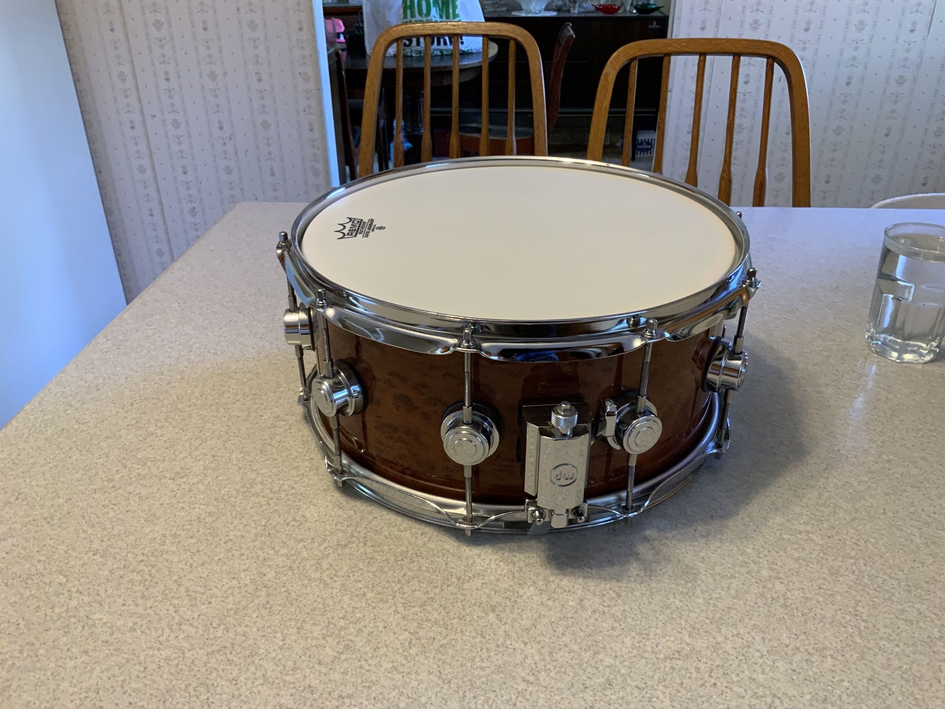 Exotic Custom DW Limited Maple Snare Drum With Real Vavona Redwood Outer Shell