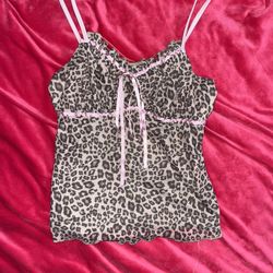 Leopard Print Cami Top With Pink Ribbon Details